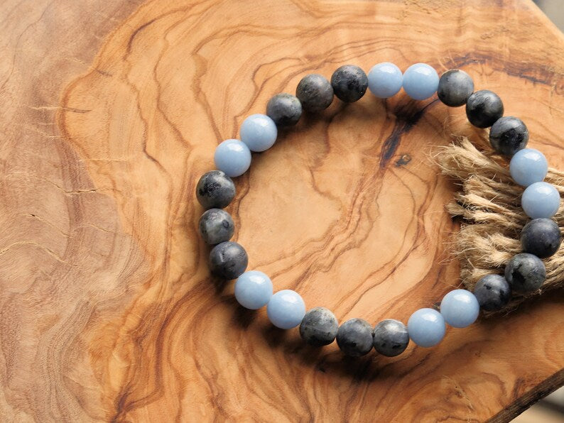 Modish 8 mm Larvikite bracelet with beautiful  Aquamarine bracelet. Birds Eye Granite, Pearlspar, Blue Pearl, Emerald Pearl,