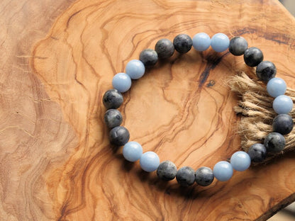 Modish 8 mm Larvikite bracelet with beautiful  Aquamarine bracelet. Birds Eye Granite, Pearlspar, Blue Pearl, Emerald Pearl,