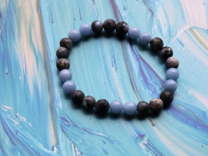 Modish 8 mm Larvikite bracelet with beautiful  Aquamarine bracelet. Birds Eye Granite, Pearlspar, Blue Pearl, Emerald Pearl,