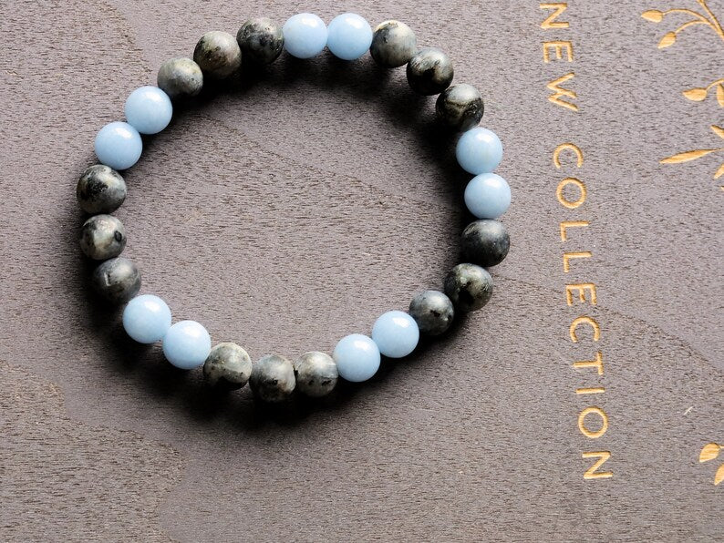 Modish 8 mm Larvikite bracelet with beautiful  Aquamarine bracelet. Birds Eye Granite, Pearlspar, Blue Pearl, Emerald Pearl,