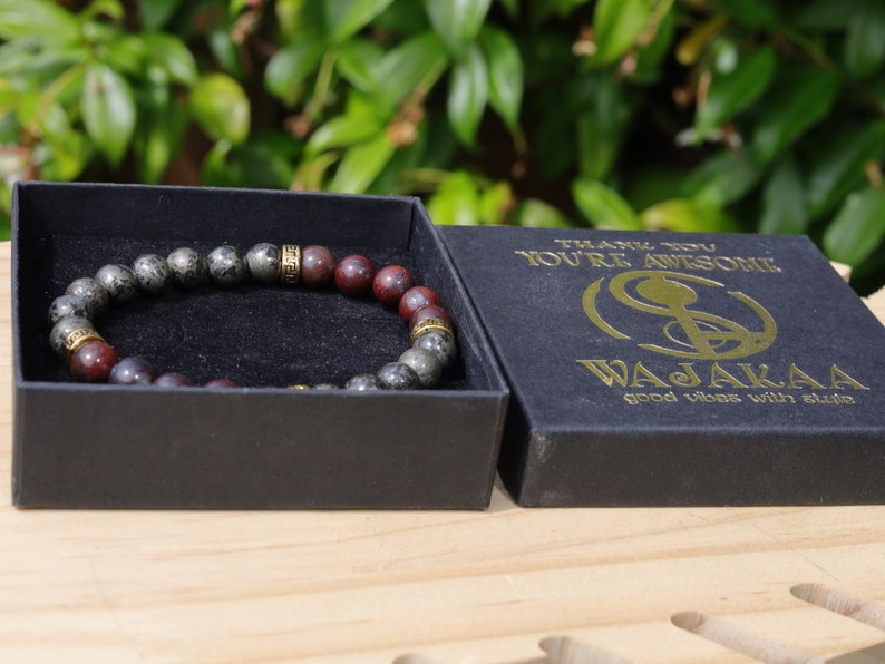 Notable Natural Bloodstone Beads bracelet versus Natural Africa Pyrite.  Strong stone to promote positive thinking and manifestation.