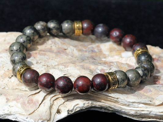 Notable Natural Bloodstone Beads bracelet versus Natural Africa Pyrite.  Strong stone to promote positive thinking and manifestation.