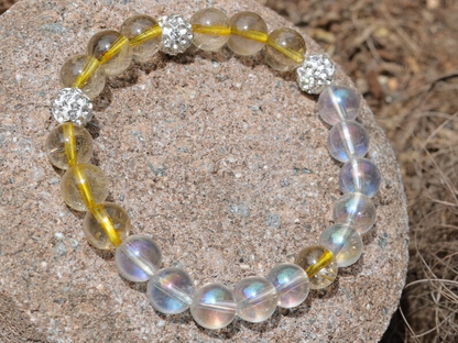 Gahiṇā Jewel Collection - Unique Bracelet with Angel Aura with Top quality Rutilated quartz beads. Extra 3x Pave Disco Ball Beads