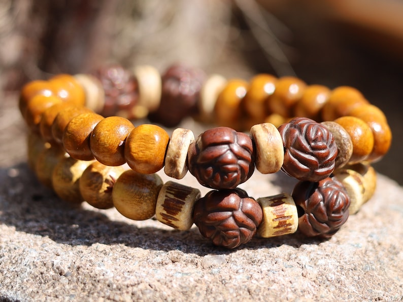 Wooden collection - 2x BRACELETS Jackfruit wooden beads/ brown roundel 8x7mm Natural Wood with EMERY ROSE Wooden Beads.