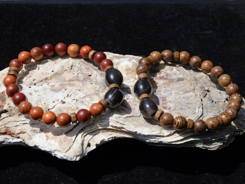 Wooden collection - 2x BRACELETS UniqueNatural Wenge Wood, Sandal wood beads. With handmade Horn Beads.