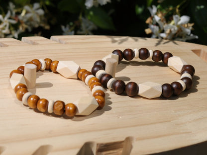 Wooden collection - 2x BRACELETS Design Wooden beads Schima  with Schima white facets beads. Sacred energy and metaphysical properties
