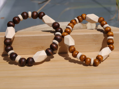 Wooden collection - 2x BRACELETS Design Wooden beads Schima  with Schima white facets beads. Sacred energy and metaphysical properties
