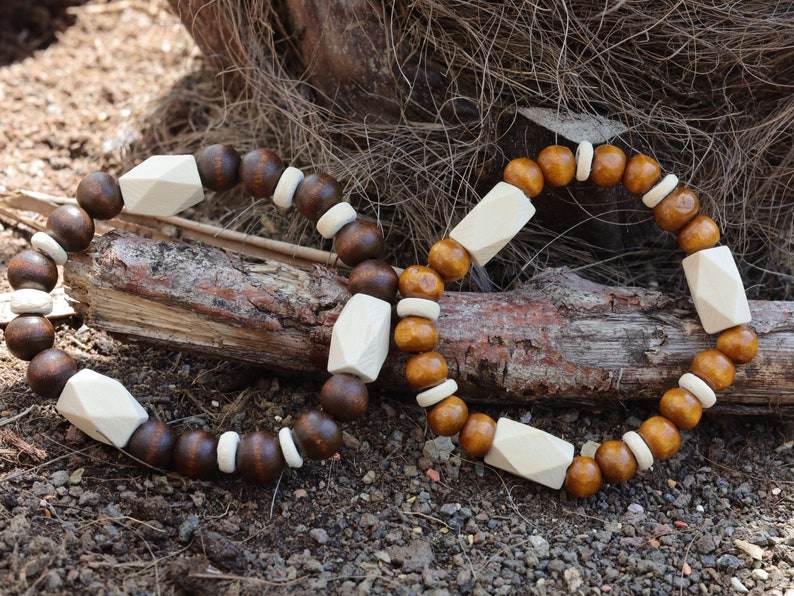 Wooden collection - 2x BRACELETS Design Wooden beads Schima  with Schima white facets beads. Sacred energy and metaphysical properties