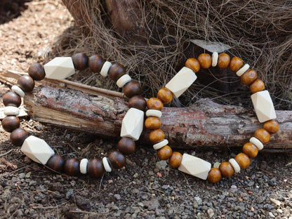 Wooden collection - 2x BRACELETS Design Wooden beads Schima  with Schima white facets beads. Sacred energy and metaphysical properties