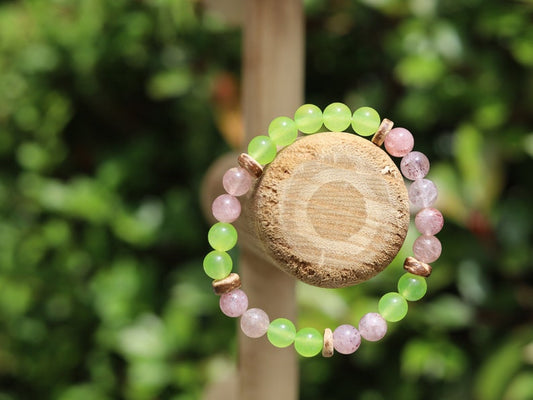 Viśēśa Jewel Collection - Ethereal Strawberry Quartz bracelet with amazing Peridot beads. can help you to trust your own inner voice