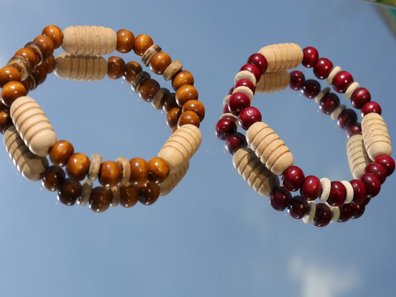 Wooden collection - 2x BRACELETS Cherry Red/ brown roundel 8x7mm Natural Wood with Coconut and 3x Turned wooden beads.
