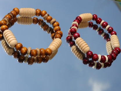 Wooden collection - 2x BRACELETS Cherry Red/ brown roundel 8x7mm Natural Wood with Coconut and 3x Turned wooden beads.