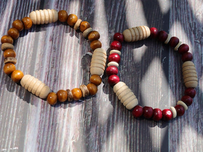 Wooden collection - 2x BRACELETS Cherry Red/ brown roundel 8x7mm Natural Wood with Coconut and 3x Turned wooden beads.