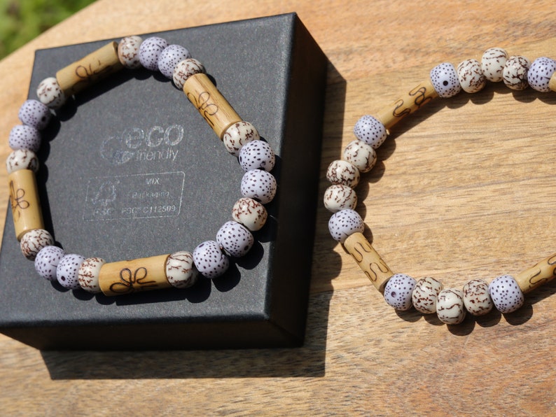 Wooden collection - 2x BRACELETS Starmoon and Nutural Bodhi Barrel bracelet with unique pattern Bamboo beads. metaphysical properties