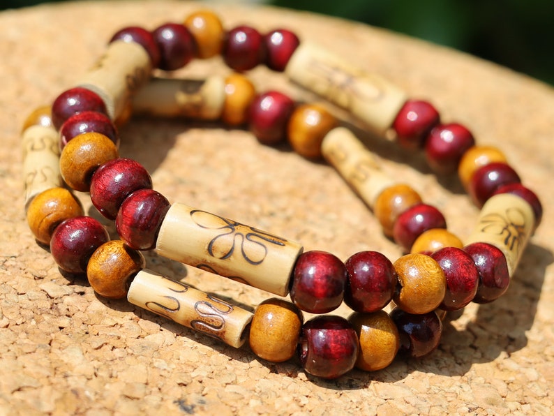 Wooden collection - 2x BRACELETS Cherry Red  Brown roundel beads 8x7mm Natural Wood. Combined with unique pattern Bamboo beads.