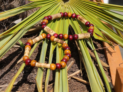 Wooden collection - 2x BRACELETS Cherry Red  Brown roundel beads 8x7mm Natural Wood. Combined with unique pattern Bamboo beads.
