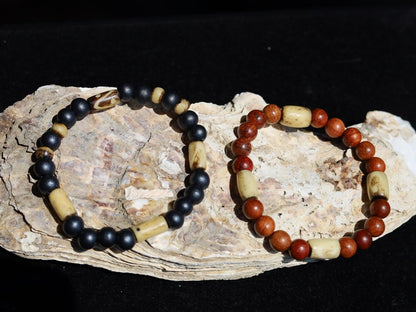 Wooden collection - 2x BRACELETS Rare Sandalwood black / crème Beads combined with old Antique White Bone Beads.