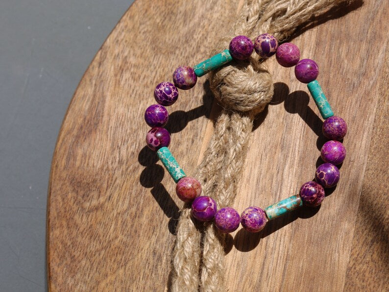 Modish  tube gemstones bracelet with purple Sea Sediment Jasper and Tubes 4x Turquoise Sea Sediment Jasper.