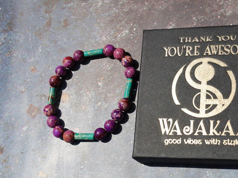 Modish  tube gemstones bracelet with purple Sea Sediment Jasper and Tubes 4x Turquoise Sea Sediment Jasper.
