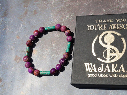 Modish  tube gemstones bracelet with purple Sea Sediment Jasper and Tubes 4x Turquoise Sea Sediment Jasper.
