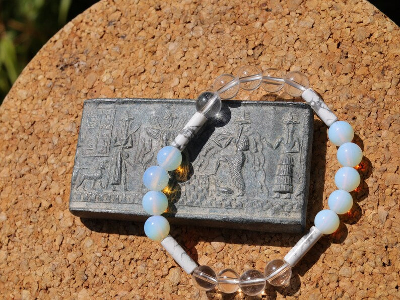 Trendy tube gemstones bracelet with Opalite with Rockcrystal and Tubes 4x Natural Howlite  beads.