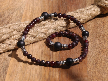 SET Bracelet & Ring made from Natural Garnet Beads 4~4.5mm. Combined with SHUNGITE and Stainless Steel Spacer Beads, Barrel beads.