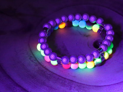 UV Reactive Fluorescent Beaded Double row Bracelet. Synthetic 3D silver beads round with Mixed Fluorescent Neon Beads Acrylic Round Beads.