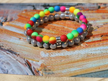 UV Reactive Fluorescent Beaded Double row Bracelet. Synthetic 3D silver beads round with Mixed Fluorescent Neon Beads Acrylic Round Beads.