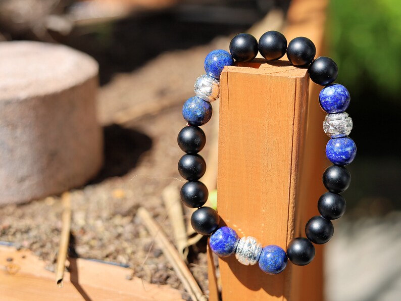 Friendly black MATT Agate/carnelian with Nepali Tibetan Blue Lapis Lazuli. associated with grounding effects and protection