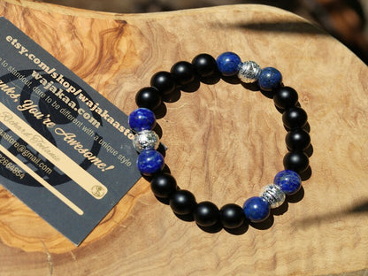 Friendly black MATT Agate/carnelian with Nepali Tibetan Blue Lapis Lazuli. associated with grounding effects and protection