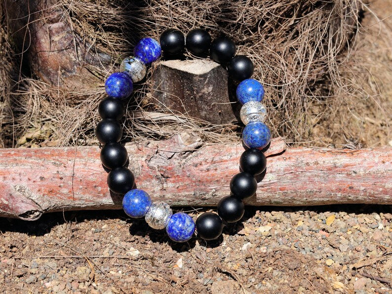 Friendly black MATT Agate/carnelian with Nepali Tibetan Blue Lapis Lazuli. associated with grounding effects and protection