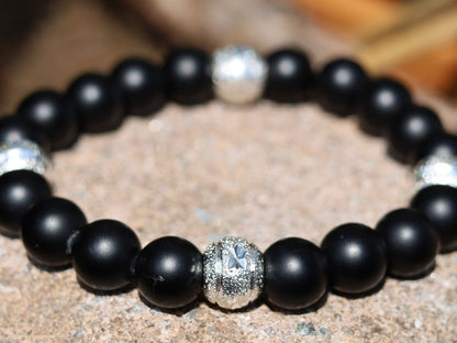 Amiable 10 mm black MATT Agate/carnelian combined with beautiful shiny Silver Color Plated rondelle. Beautiful spiritual gemstones