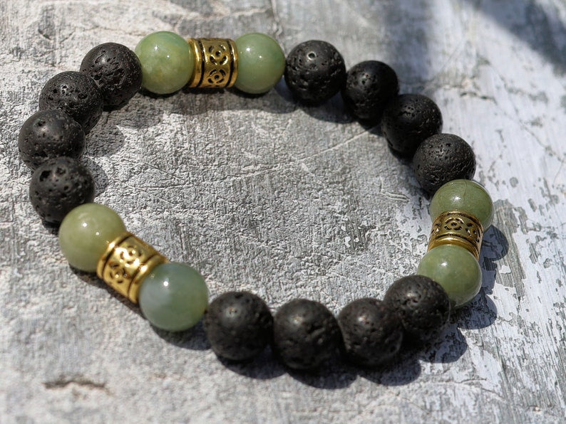 Cool 10 mm High grade natural Green Jade with  Volcanic Lava Beads. the only rock known to be formed from nothing
