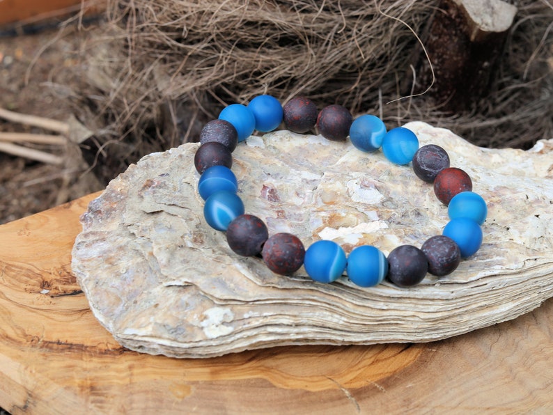 Natural Matte Saffron Jasper with amazing Blue Matt Banded Gray Agate beads. adds calmness, stability, and balance to life