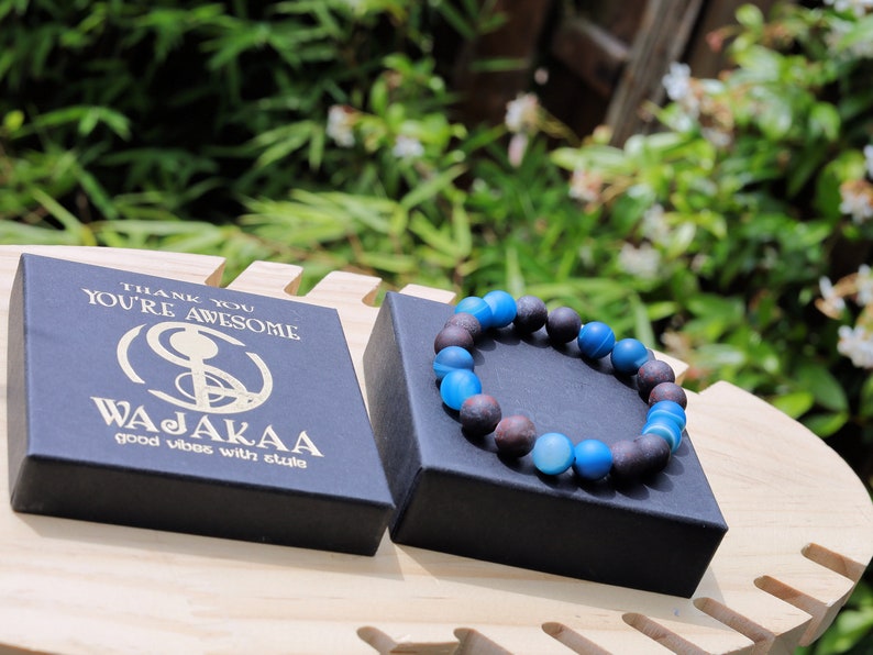 Natural Matte Saffron Jasper with amazing Blue Matt Banded Gray Agate beads. adds calmness, stability, and balance to life