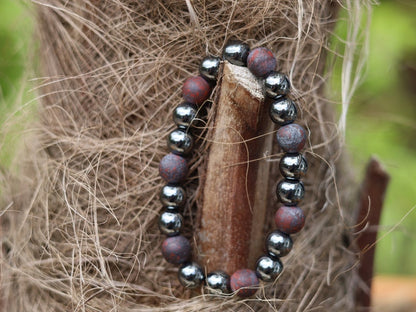 Natural Matte Saffron Jasper with grey Hematite crystal bracelet. release any feelings of stress, tension, worry, or nervousness