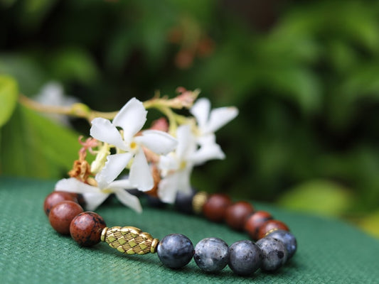 Superb Semi Precious Smooth Mahogany Obsidian with top Labradorite beads. used for protection from psychic attacks