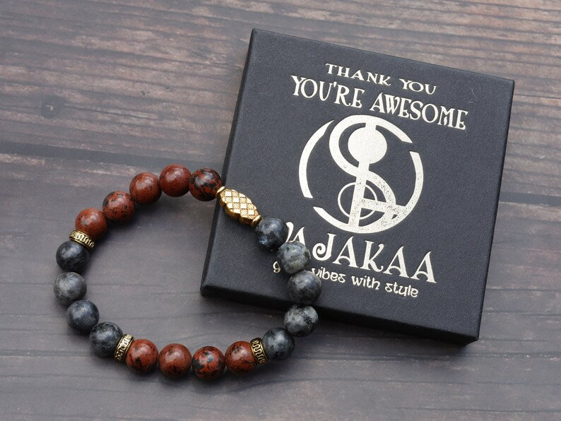 Superb Semi Precious Smooth Mahogany Obsidian with top Labradorite beads. used for protection from psychic attacks
