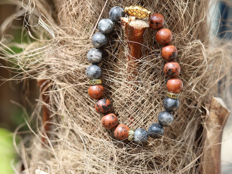 Superb Semi Precious Smooth Mahogany Obsidian with top Labradorite beads. used for protection from psychic attacks