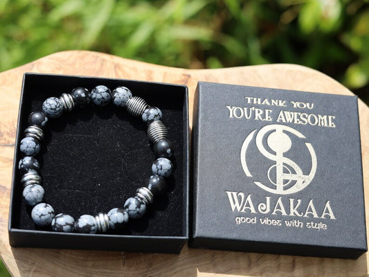 Astonishing 11 mm Snowflake Obsidian bracelet with Antique Silver, Rondelle. It can bring about a balance to body, mind and spirit