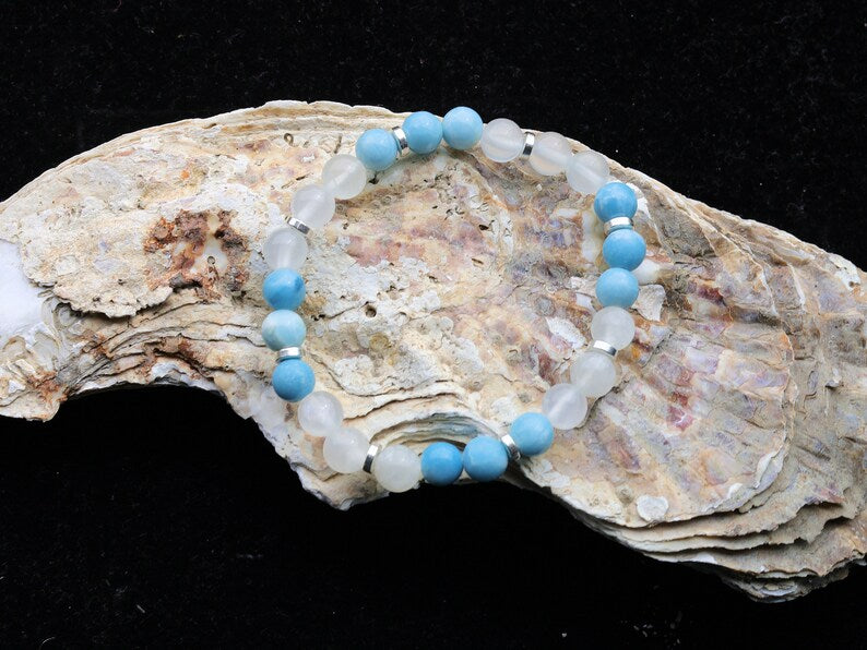Real Larimar bracelet combined with  Selenite beads. Powerful healing crystals for you to use as they also deliver clarity of mind