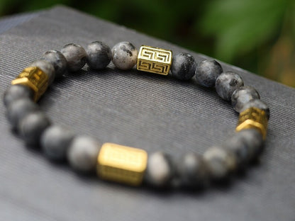 Modish Larvikite bracelet with beautiful Antique gold Tone Spacer Beads Pentagon.  Protect you in your day to day activities