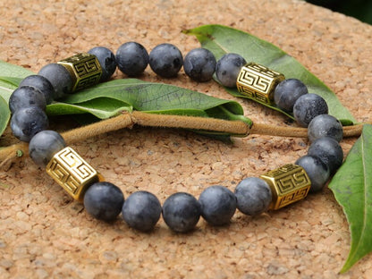 Modish Larvikite bracelet with beautiful Antique gold Tone Spacer Beads Pentagon.  Protect you in your day to day activities