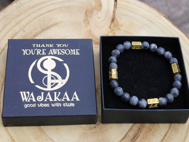 Modish Larvikite bracelet with beautiful Antique gold Tone Spacer Beads Pentagon.  Protect you in your day to day activities