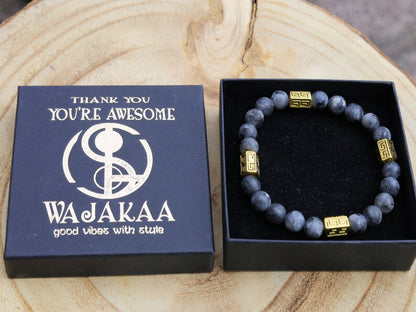 Modish Larvikite bracelet with beautiful Antique gold Tone Spacer Beads Pentagon.  Protect you in your day to day activities