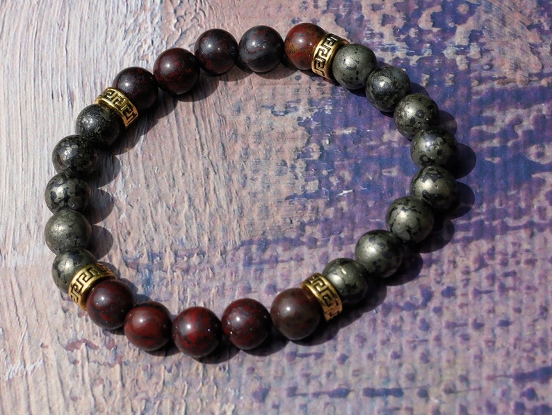 Notable Natural Bloodstone Beads bracelet versus Natural Africa Pyrite.  Strong stone to promote positive thinking and manifestation.