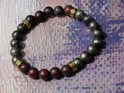 Notable Natural Bloodstone Beads bracelet versus Natural Africa Pyrite.  Strong stone to promote positive thinking and manifestation.