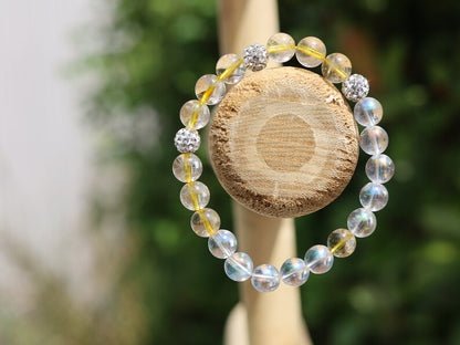 Gahiṇā Jewel Collection - Unique Bracelet with Angel Aura with Top quality Rutilated quartz beads. Extra 3x Pave Disco Ball Beads