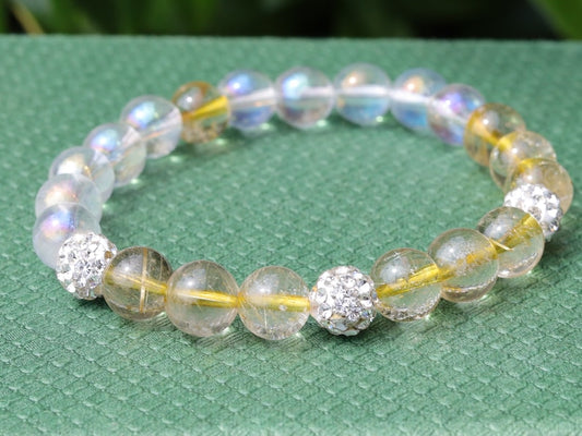 Gahiṇā Jewel Collection - Unique Bracelet with Angel Aura with Top quality Rutilated quartz beads. Extra 3x Pave Disco Ball Beads