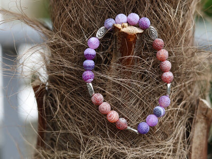 Purple and Red Frosted Fire Crackle Agate Beads Round Dyed Weathered Agate Beads. BRACELET